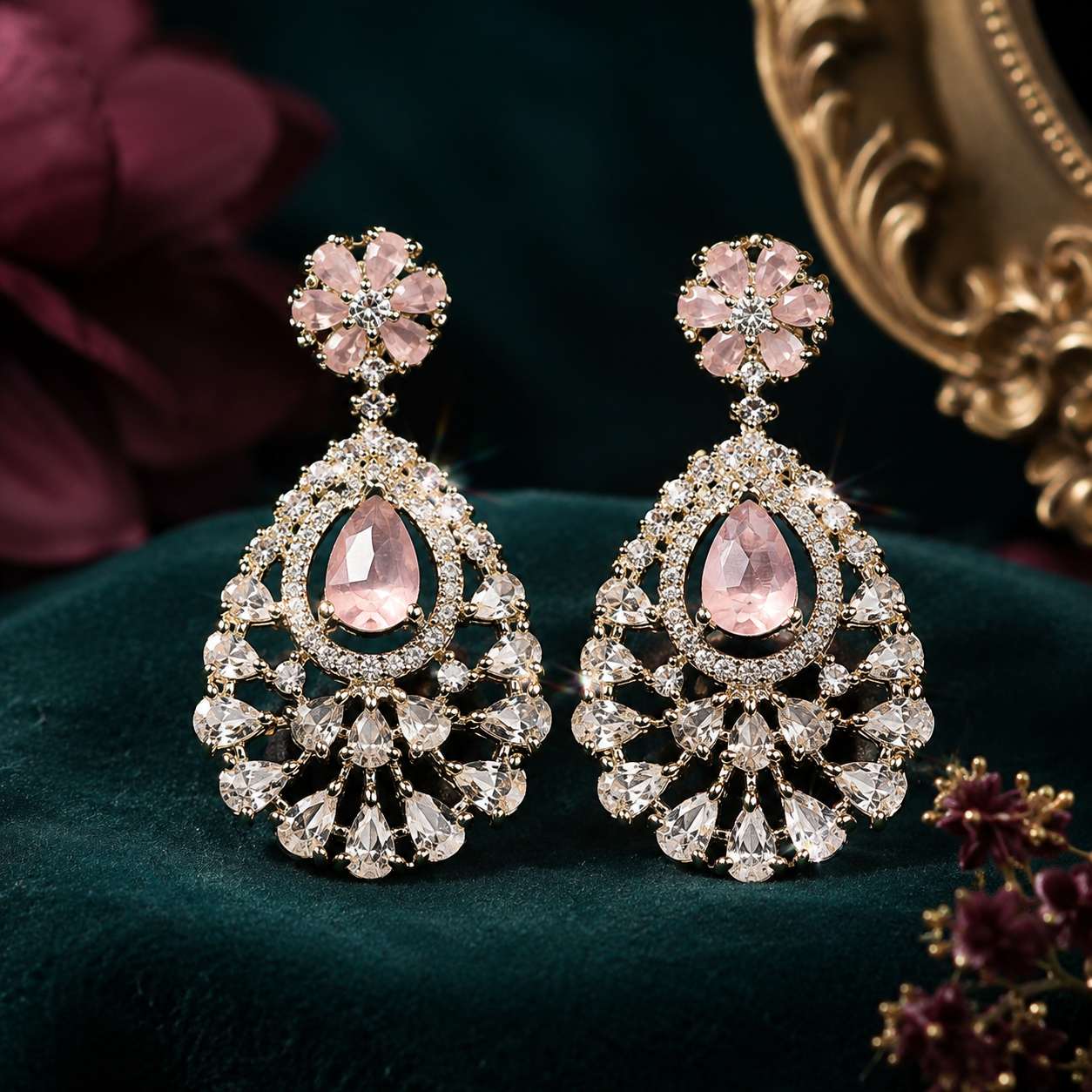 Pink American Diamond Shiny Danglers