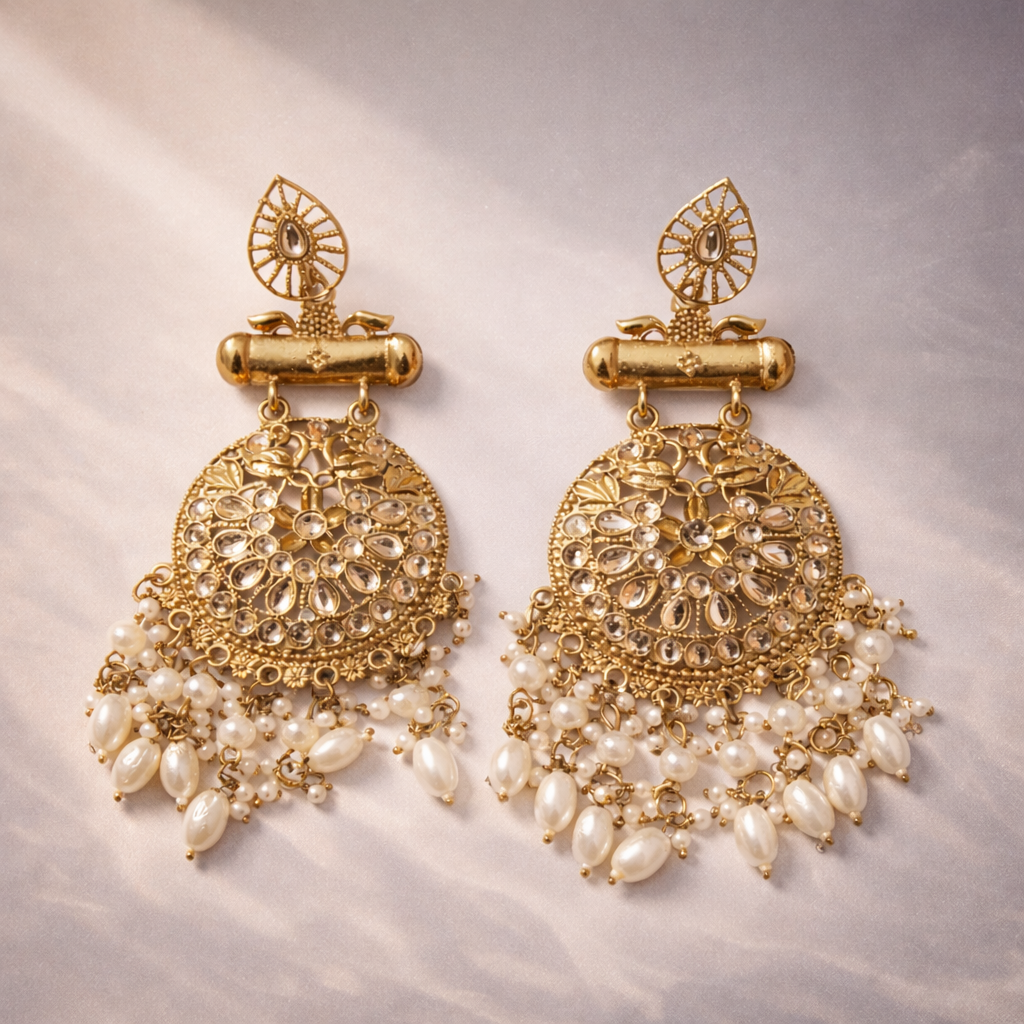 Gold Plated Jhumka Earring with Pearl Balls