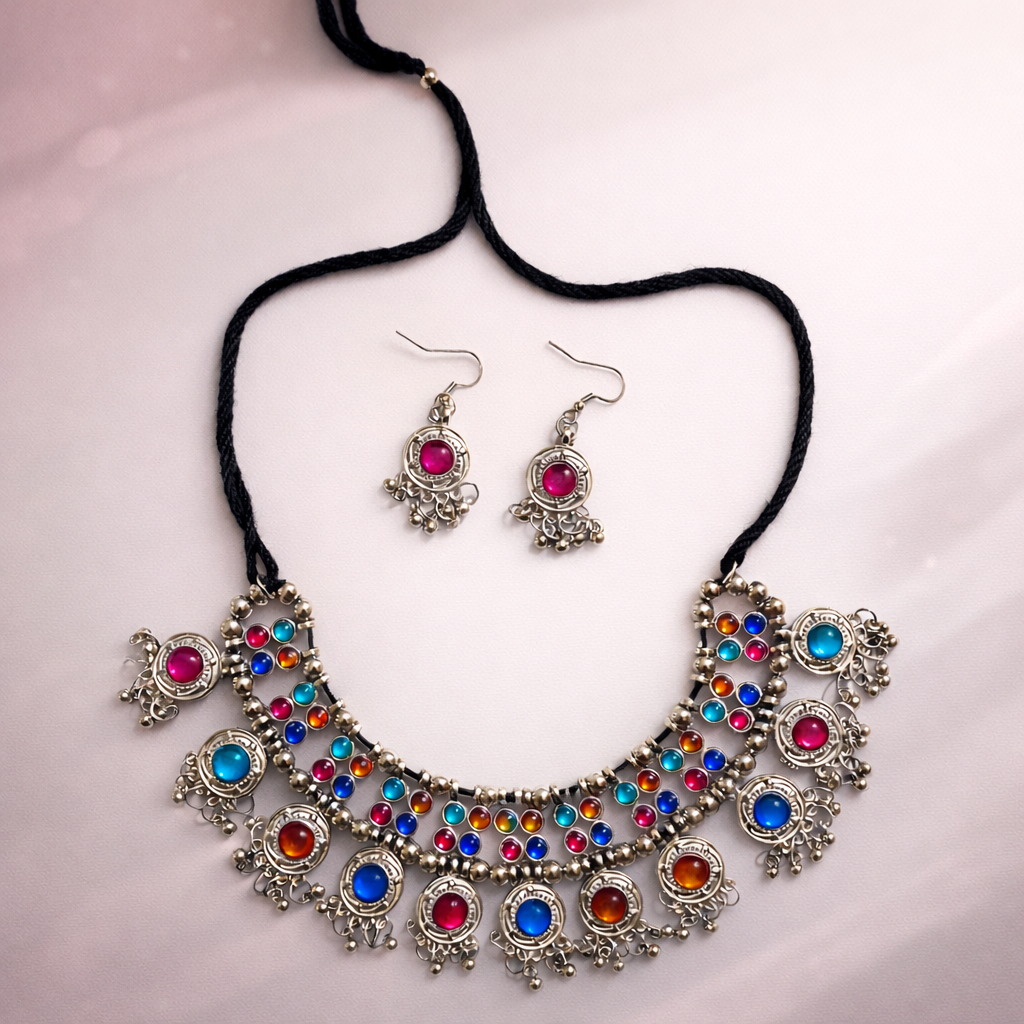 Oxidised Multi-Color Stone Studded Necklace Set