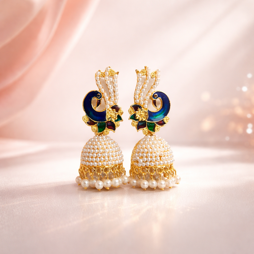 Peacock Style Gold Plated Earring with Pearl Balls