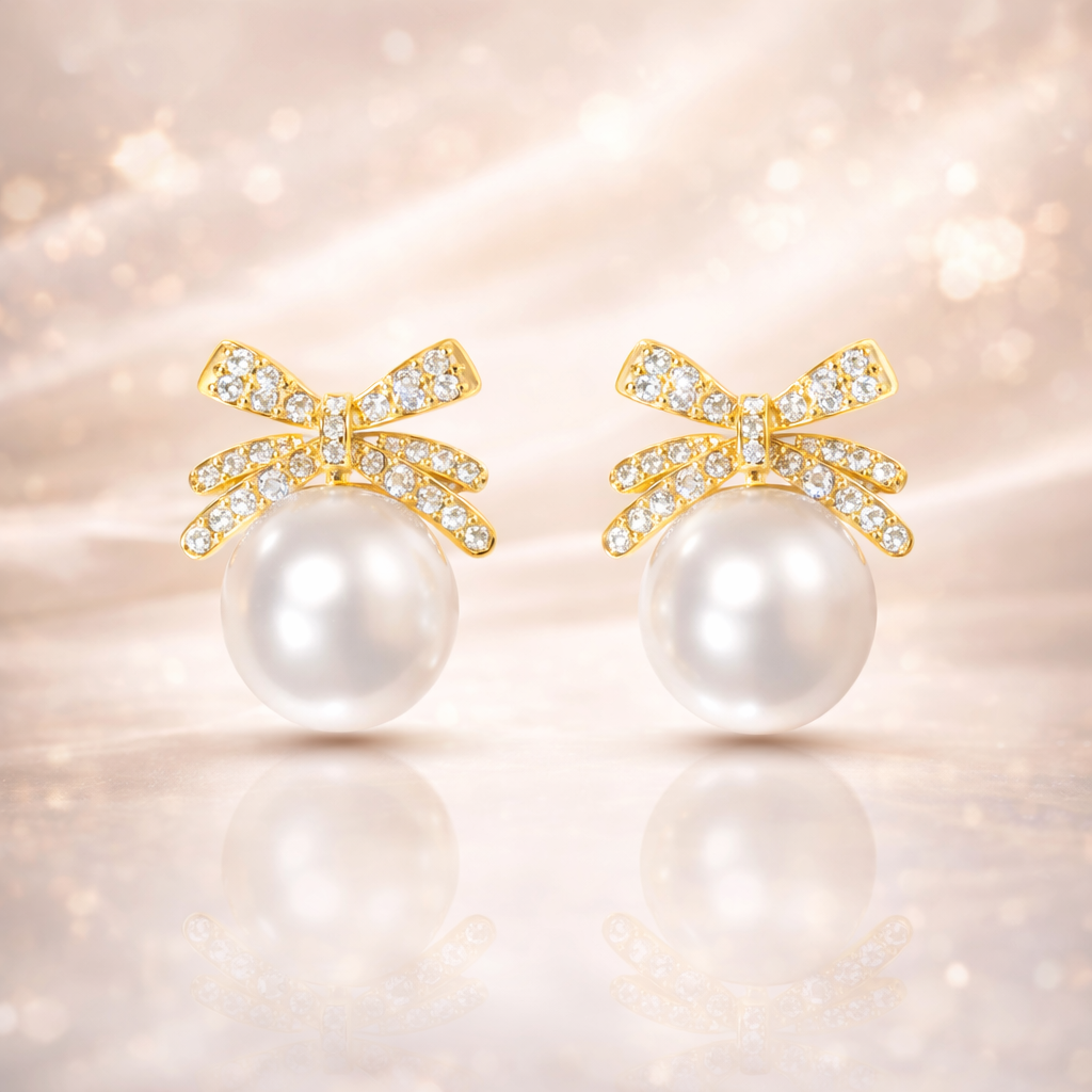 Bow Shaped Pearl Stud Earrings