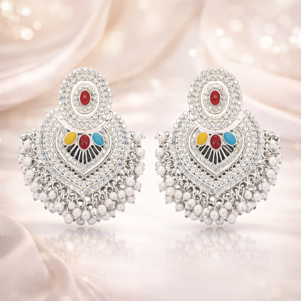 Silver Plated Fashionable Meenakari Jhumka With Pearl Balls