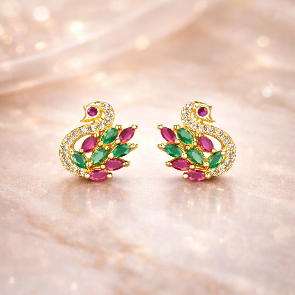 Gold Plated Fancy Swan Design Earrings With American Diamond