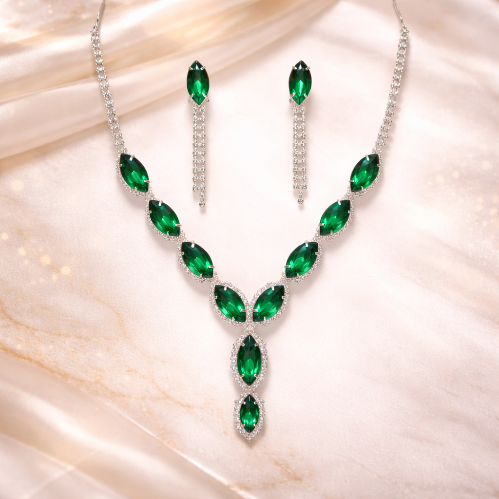 Artificial Emerald Stone Inspired American Diamond Set