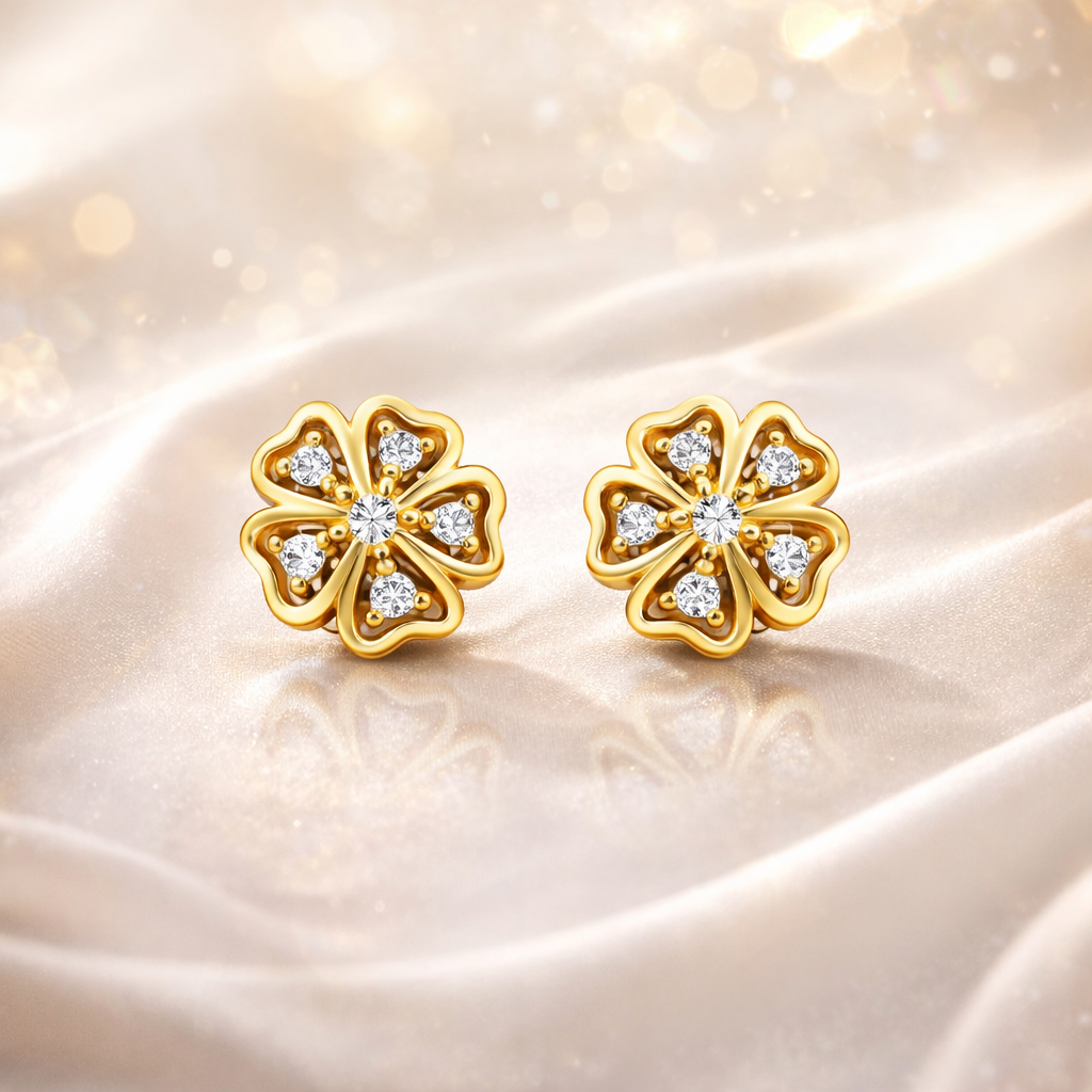 Floral Gold Plated Stud Earrings With Zirconia Stones