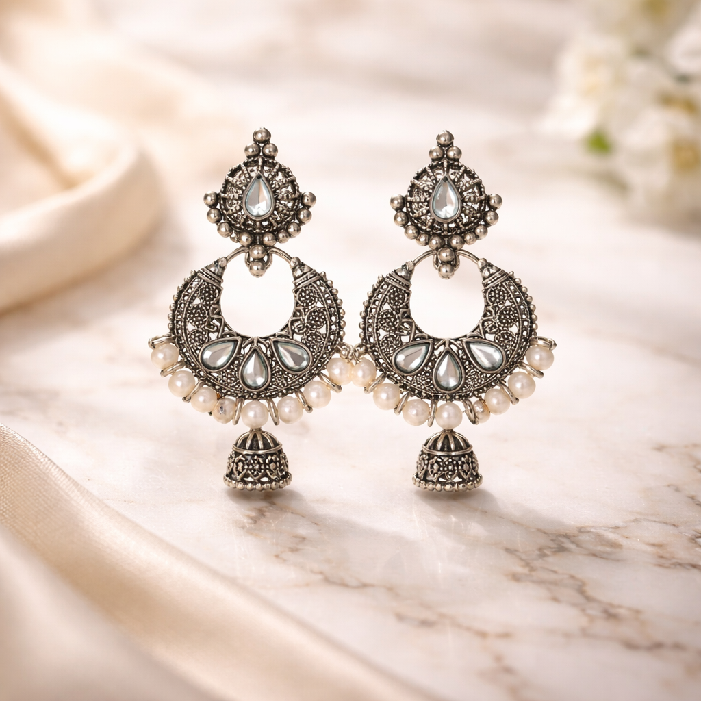 Silver Plated Oxidised Jhumka With Pearl Balls