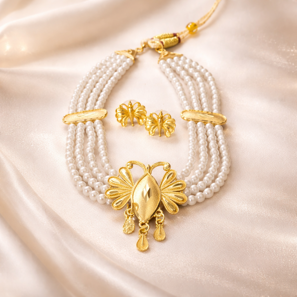 Bridal Designed Gold Plated Necklace Set With Pearl Balls