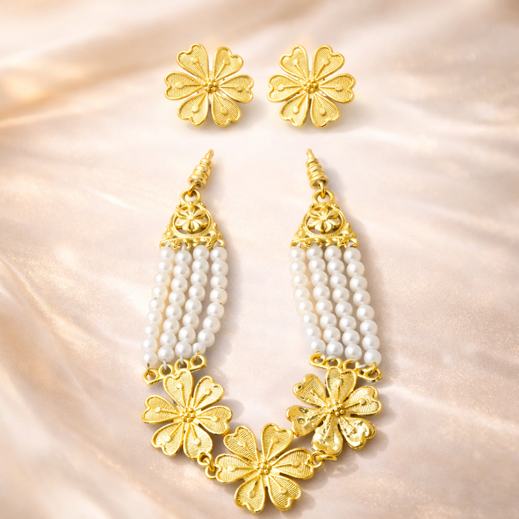 Floral Styled Gold Plated Necklace Set