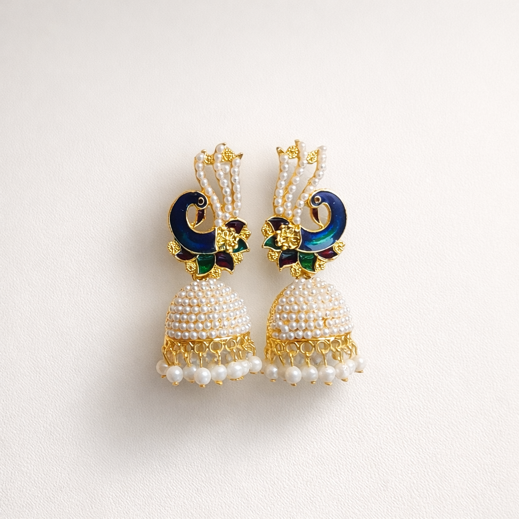 Peacock Style Gold Plated Earring with Pearl Balls