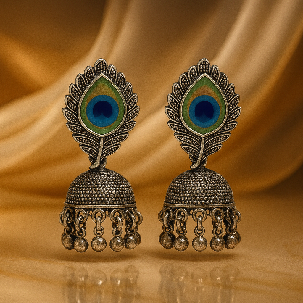 Peacock Feather Oxidised Antique Jhumka