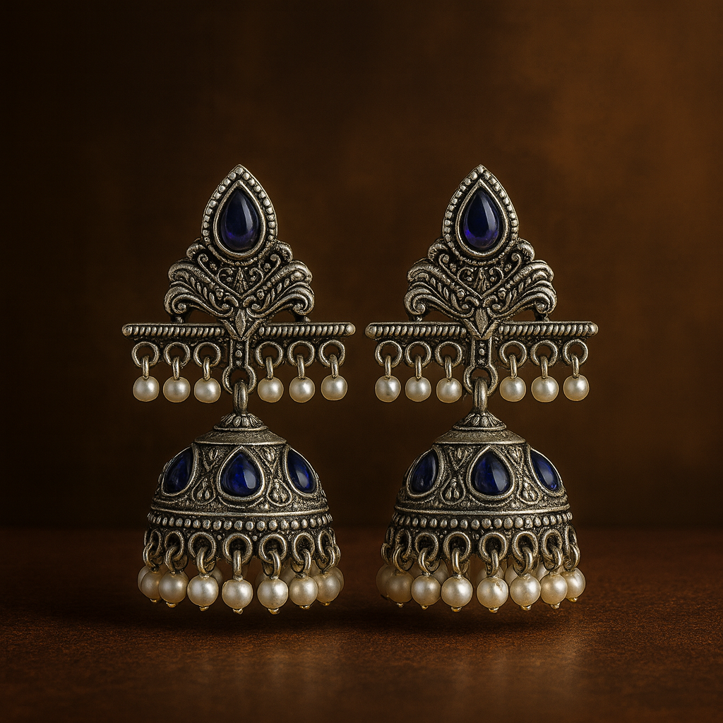 Oxidised Dome Dangler with Pearl Balls