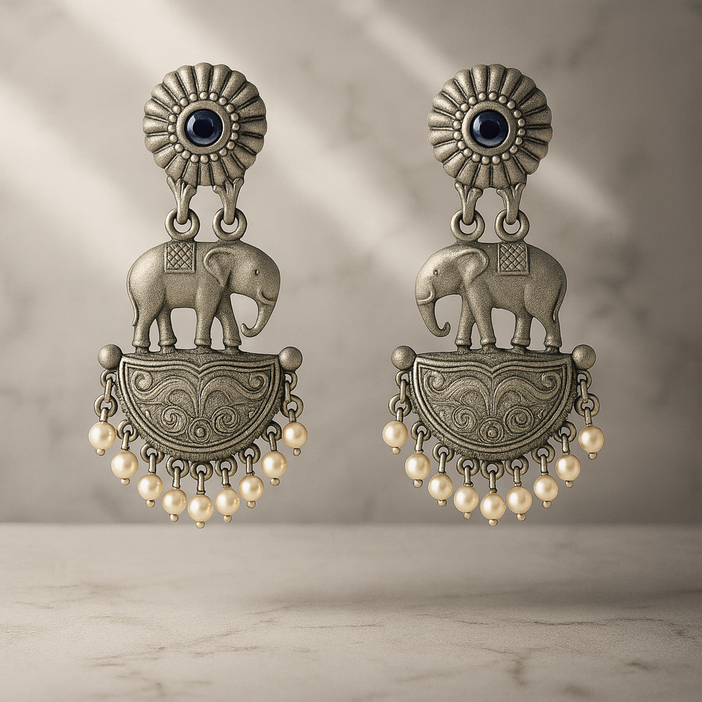 Antique Rhodium Plated Elephant Earring