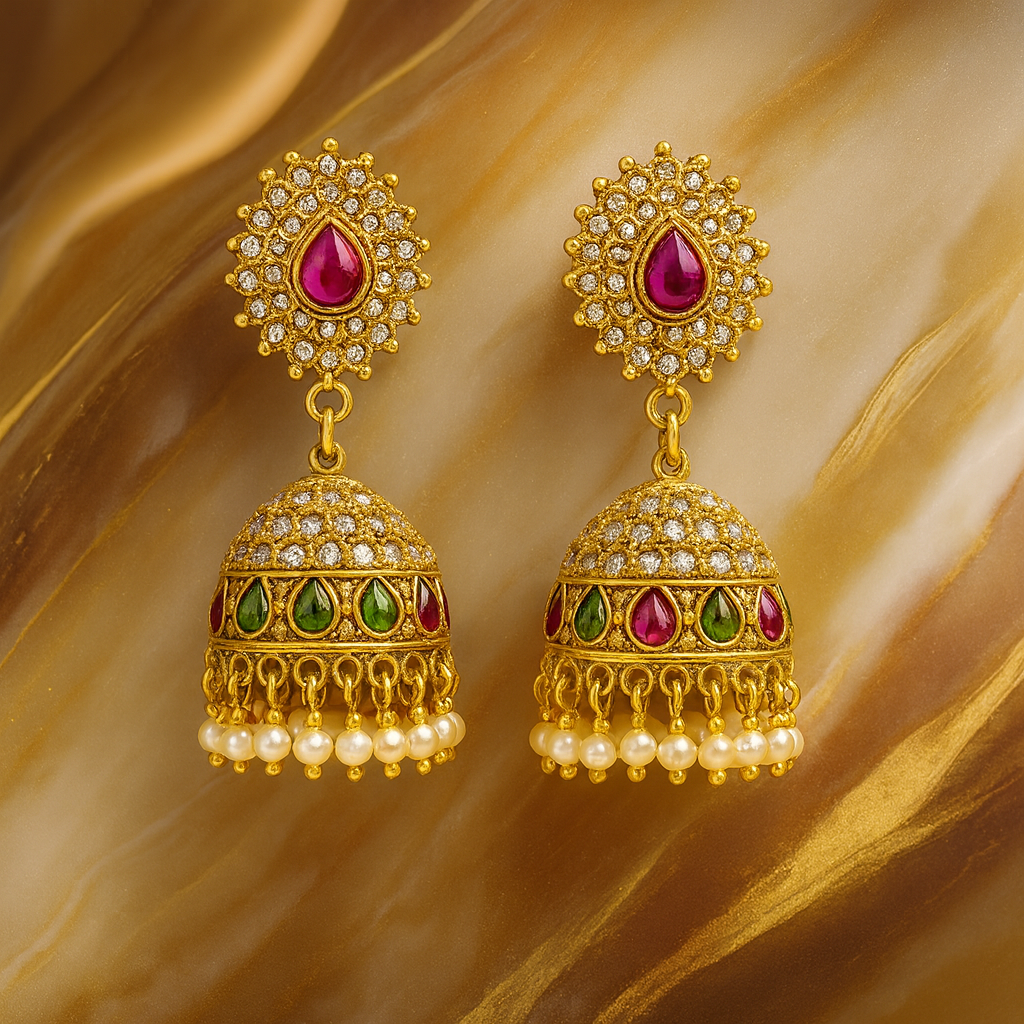 Gold Plated Meenakari Jhumka with Pearl Balls