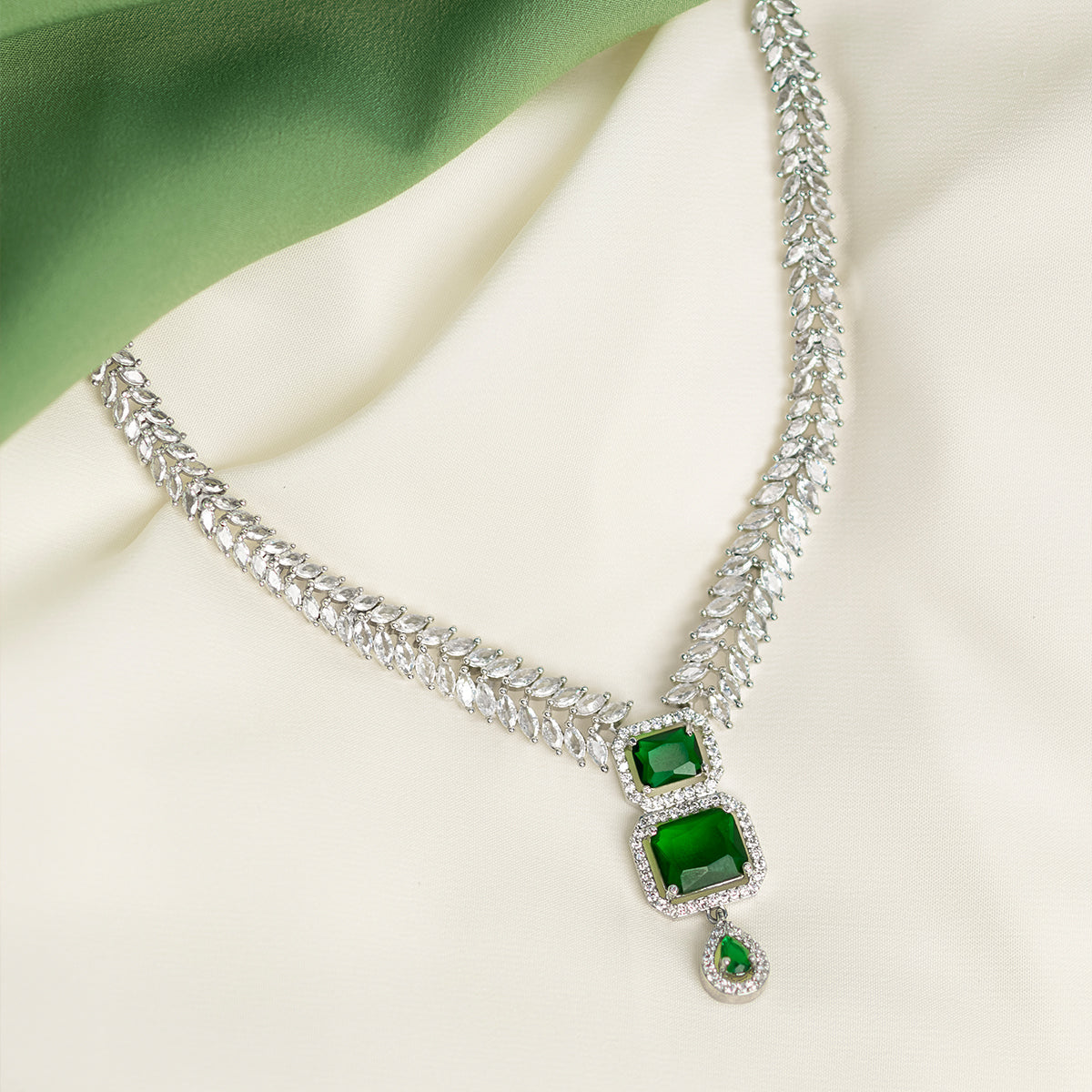 American Diamond Leafy Necklace Set with Green Emerald Stone