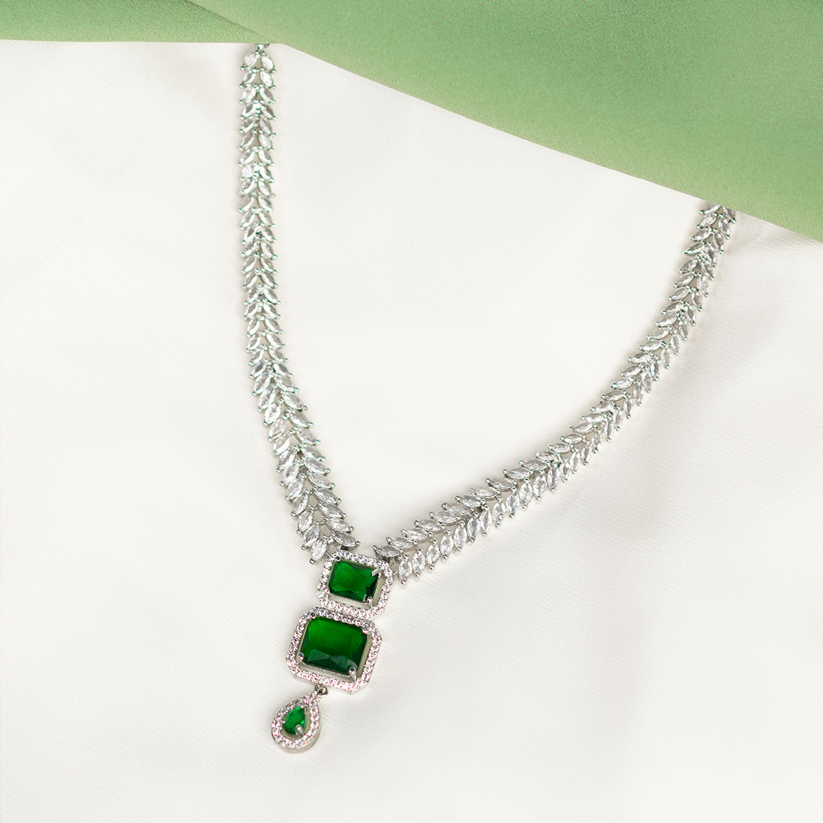 American Diamond Leafy Necklace Set with Green Emerald Stone