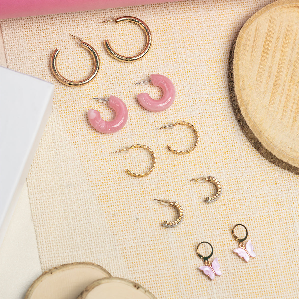 Western Style Pink Hoop Earrings Set of 5