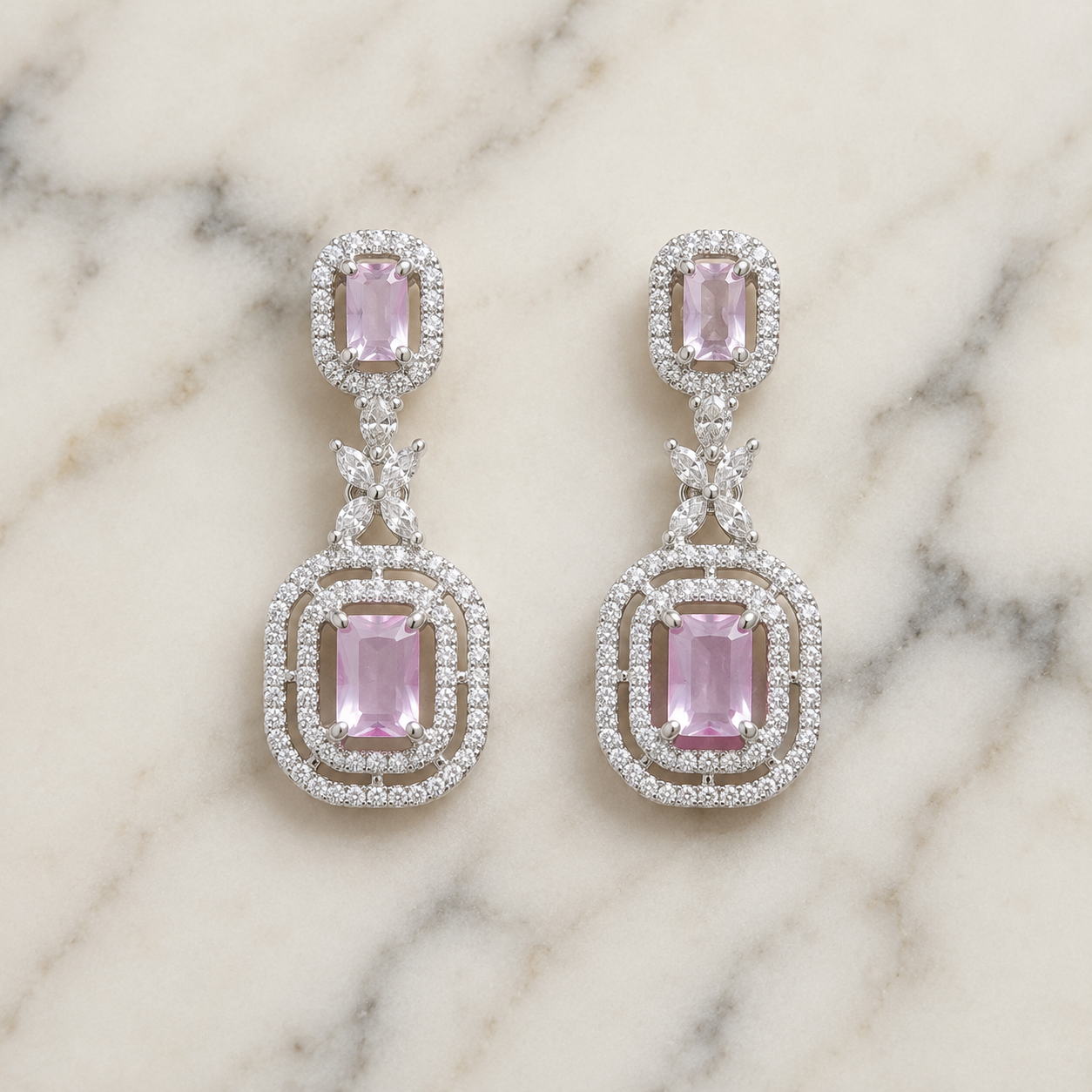 Pink American Diamond Long Stylish Earring