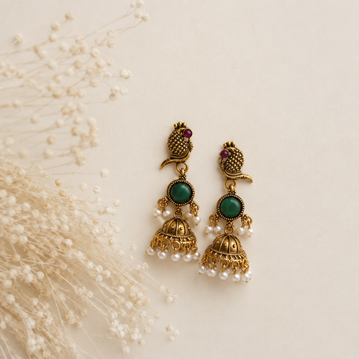 Peacock Shaped Gold Plated Earring With Pearl Balls