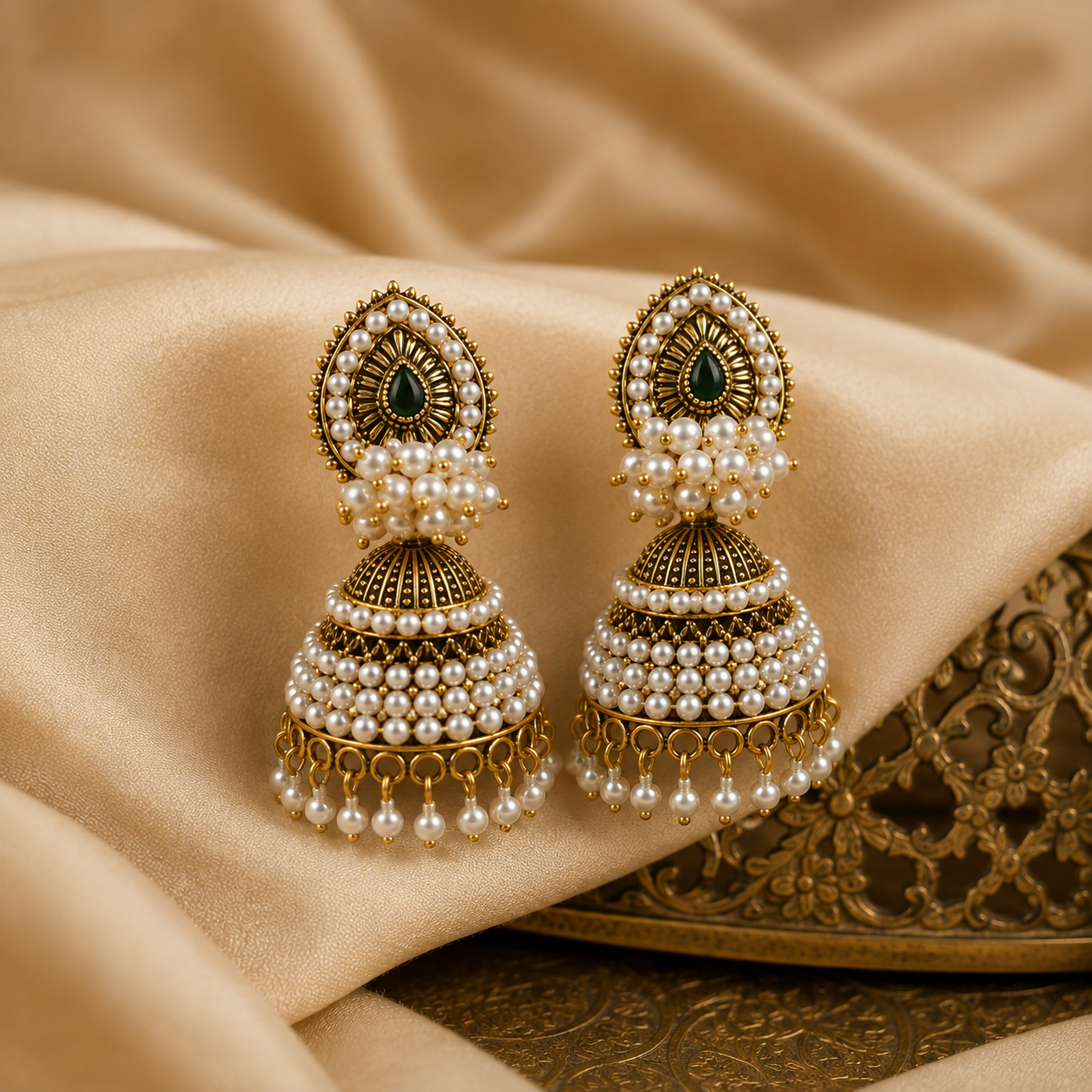 Antique Pearl Studded Kundan Jhumka Earring