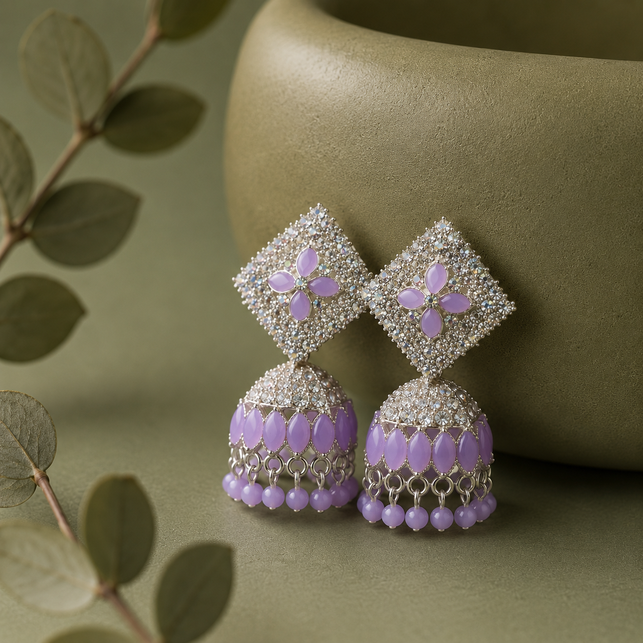 Purple Jhumka With Zirconia Stones