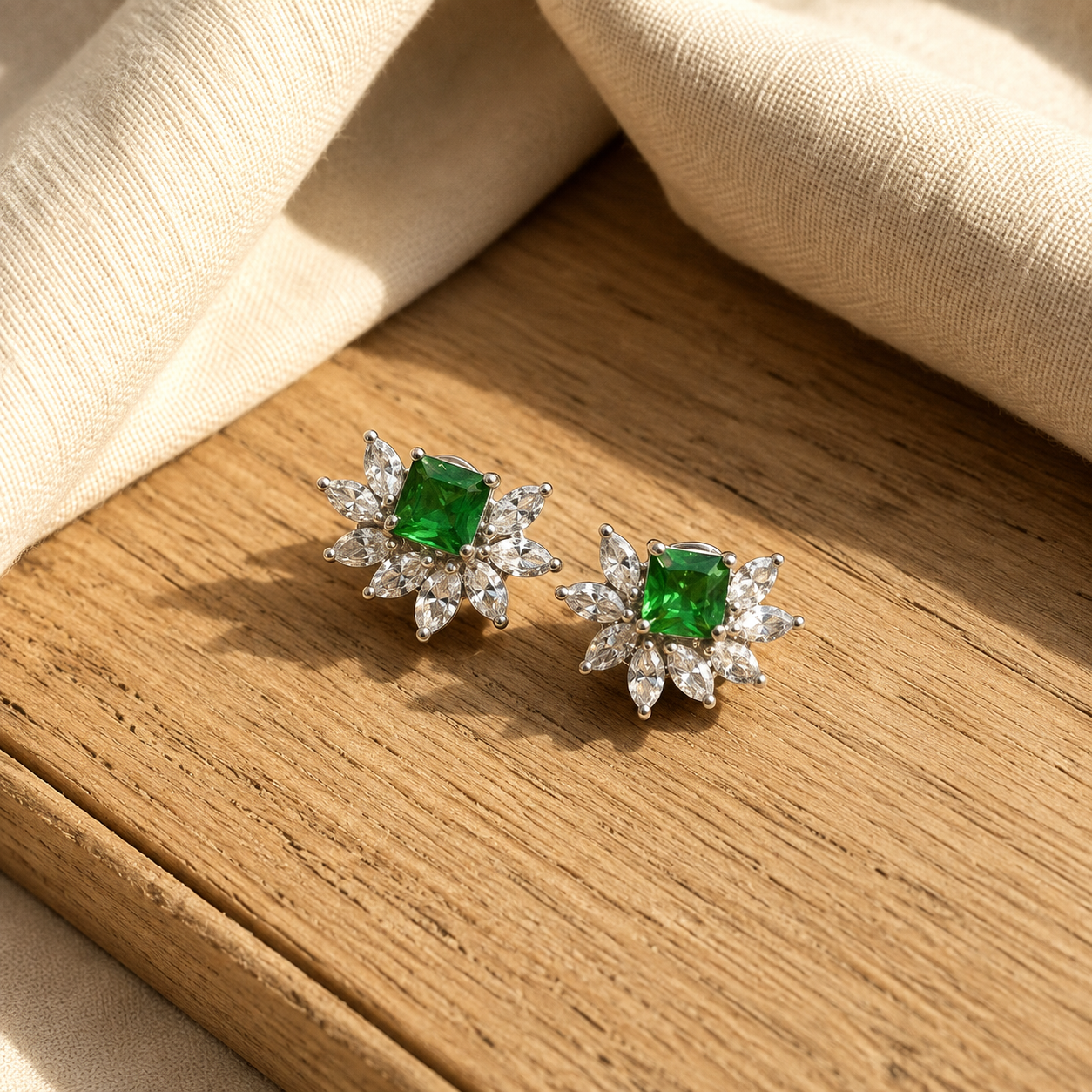 American Diamond Studd With Artificial Emerald Stone