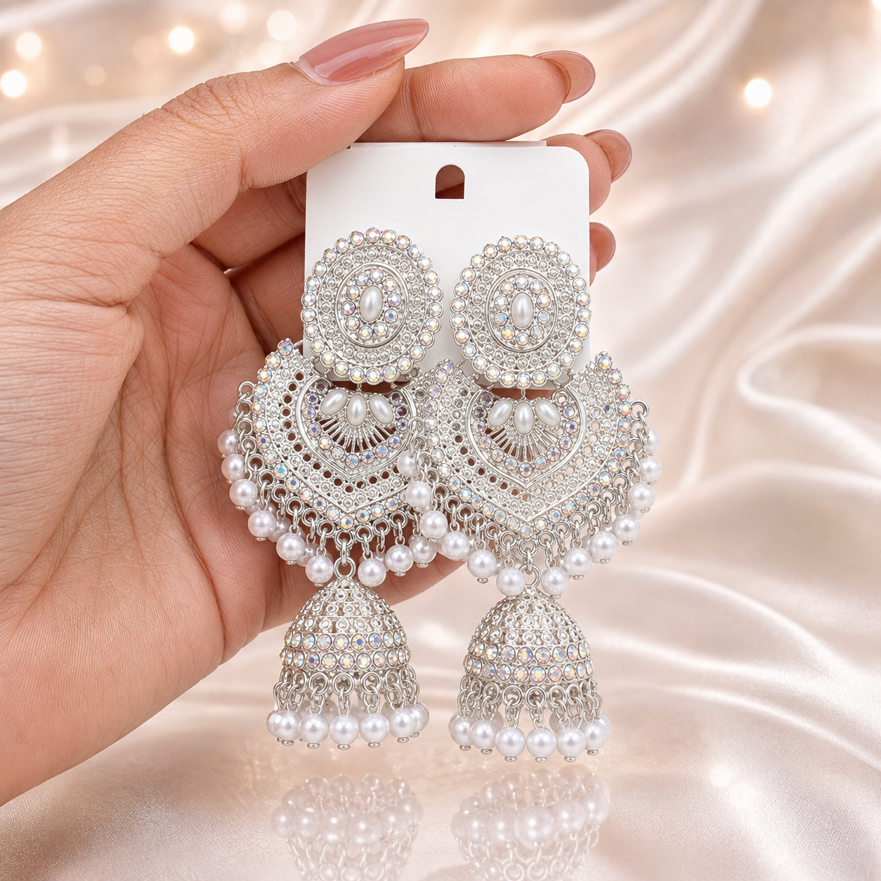 Silver Plated Fashionable Meenakari Jhumka With Pearl Balls
