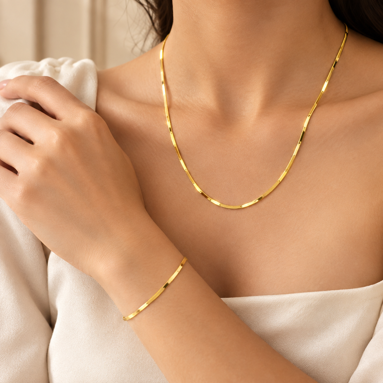 Gold Plated Minimal Neck Chain With Hand Bracelet
