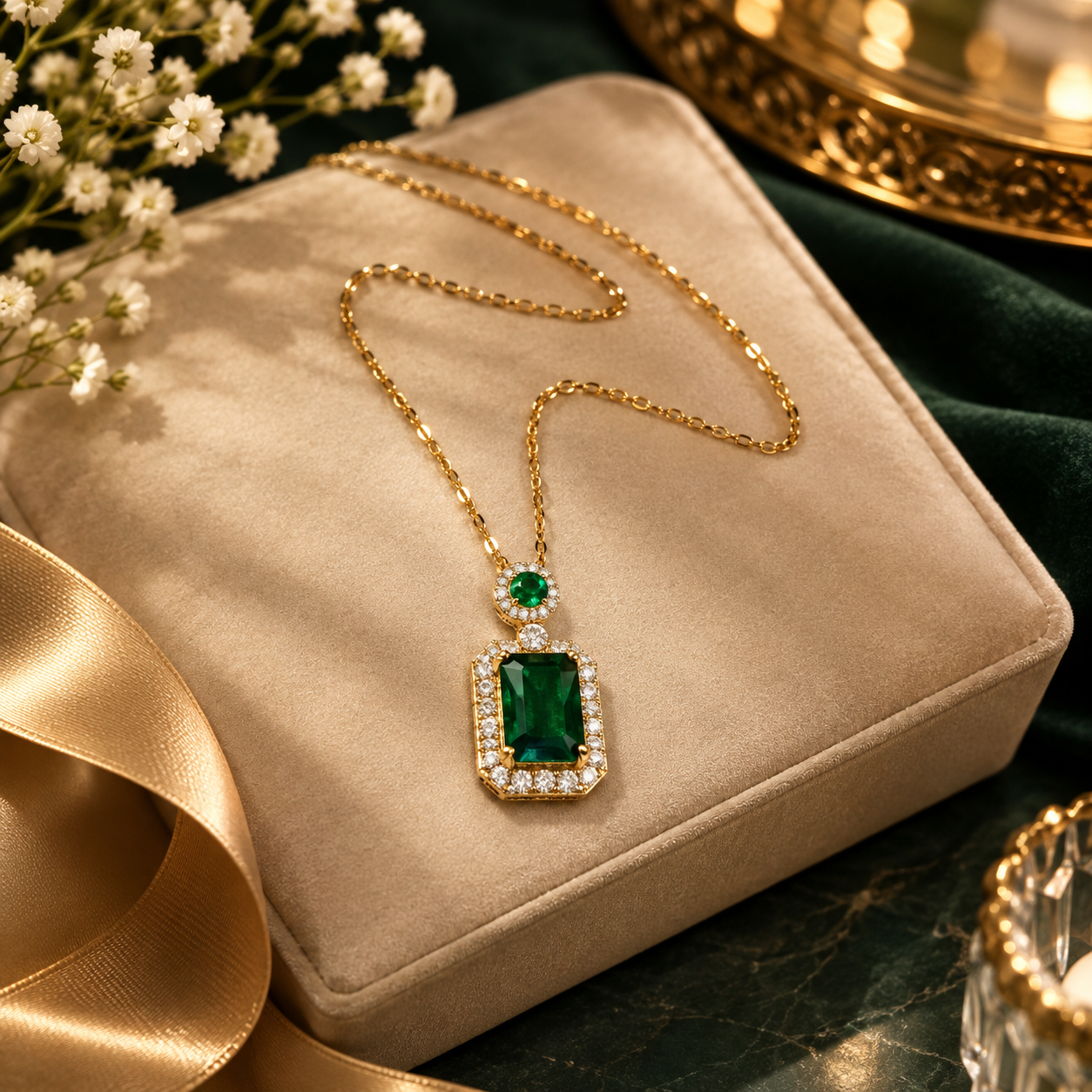 Gold Demifine Locket With AD Stones and Artificial Emerald Stones