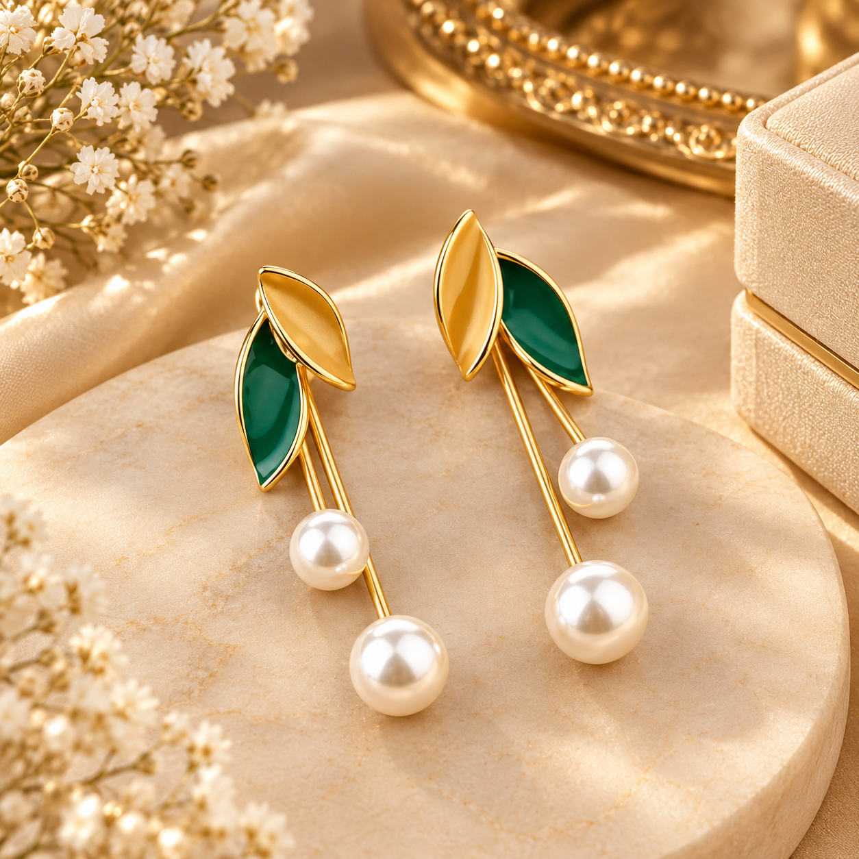 Swan Shaped Demifine Gold Plated Earring With Pearl Balls