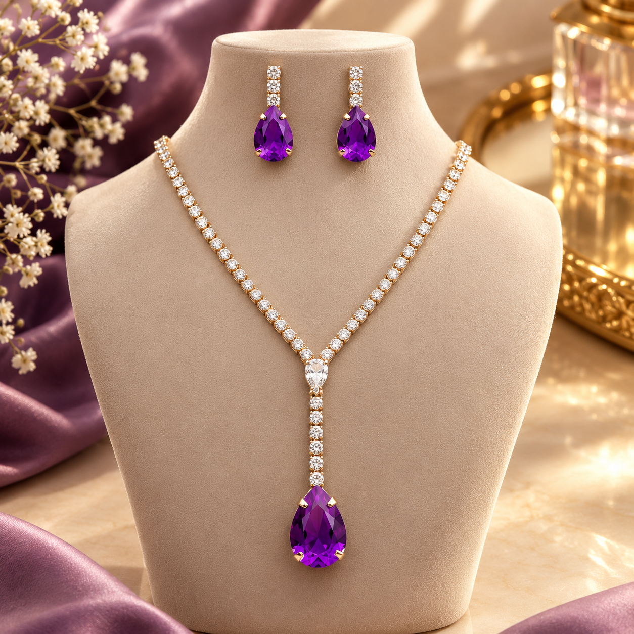 American Diamond Necklace Set With Premium Purple Stones