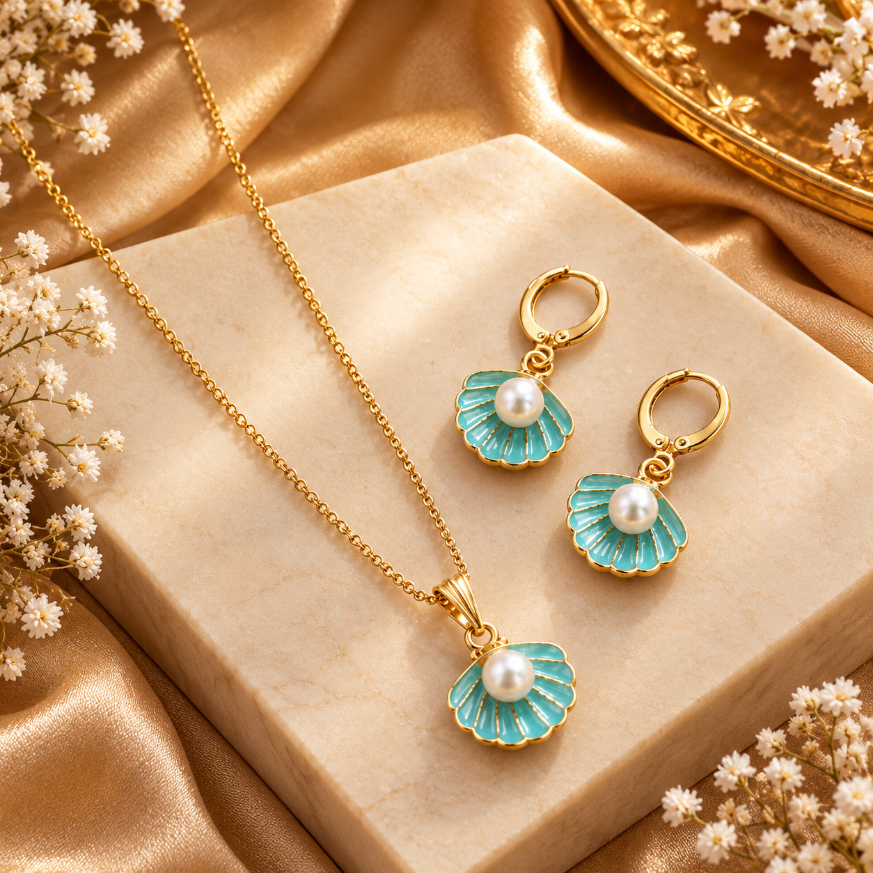 Demifine Shell Locket Set With Pearl Balls