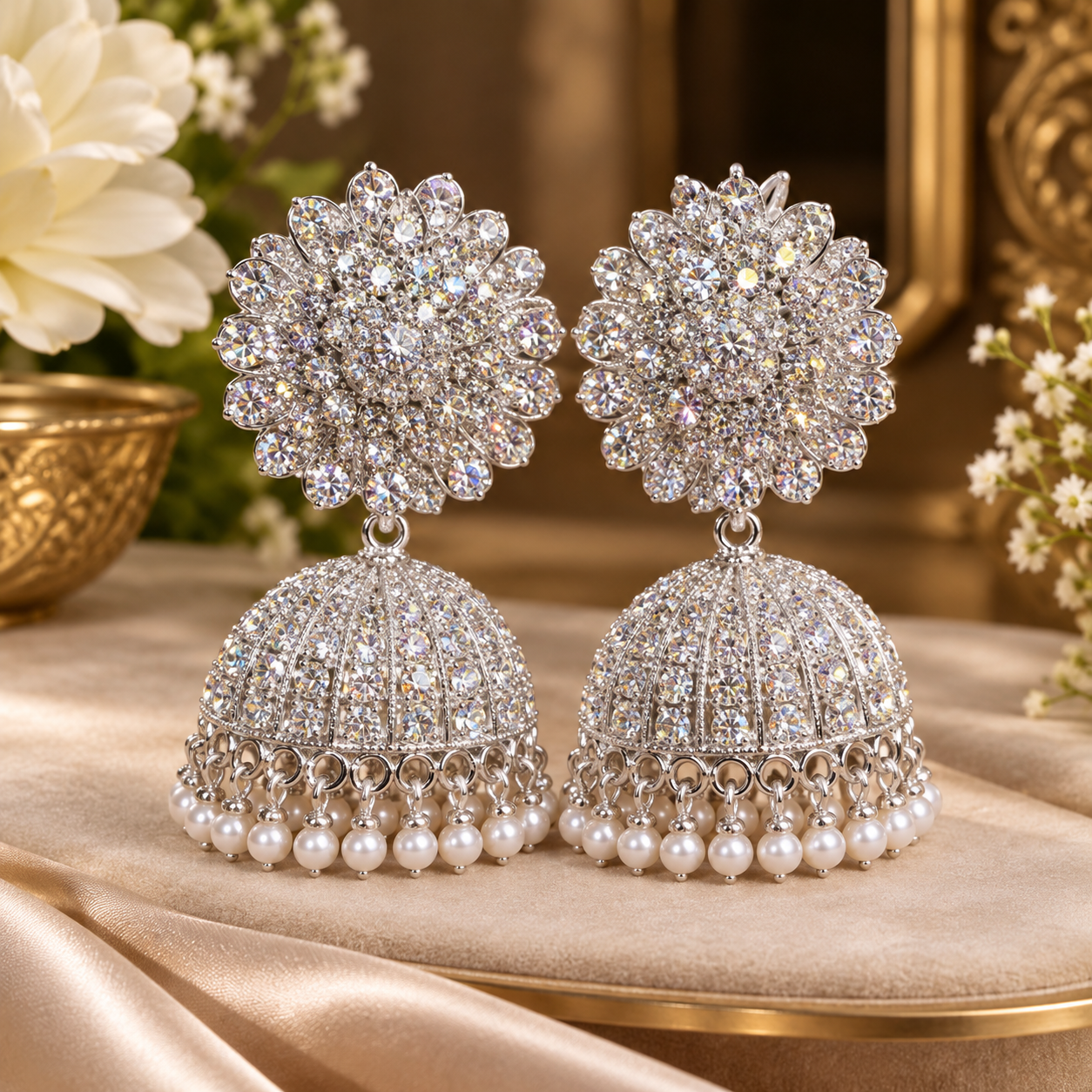 Silver Plated White Jhumka Earring