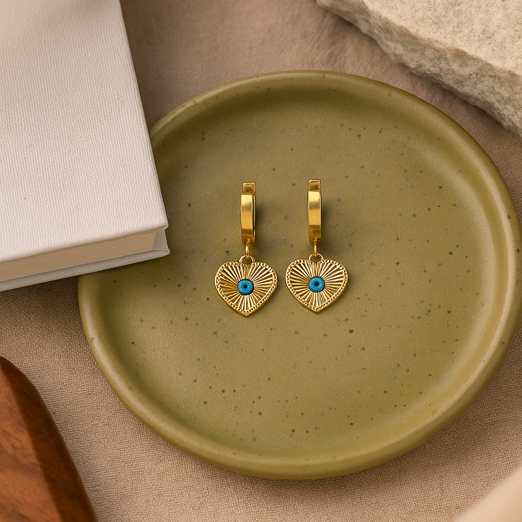 Gold Plated Heart Evil Eye Earring